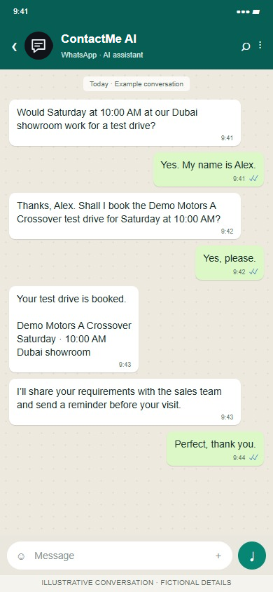 ContactMe AI on WhatsApp: Confirm a visit and give the sales team context.