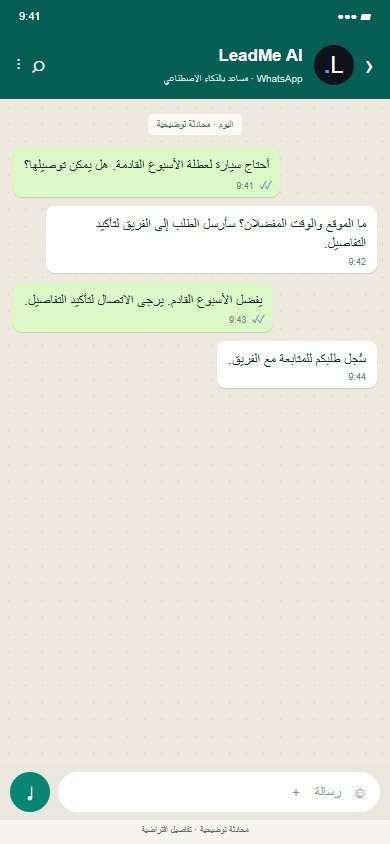 LeadMe · تأجير السيارات · مثال توضيحي لآلية عمل مقترحة · بيانات افتراضية