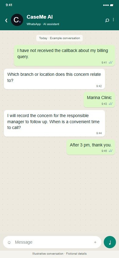 CaseMe · Clinics · Illustrative proposed workflow · Fictional data