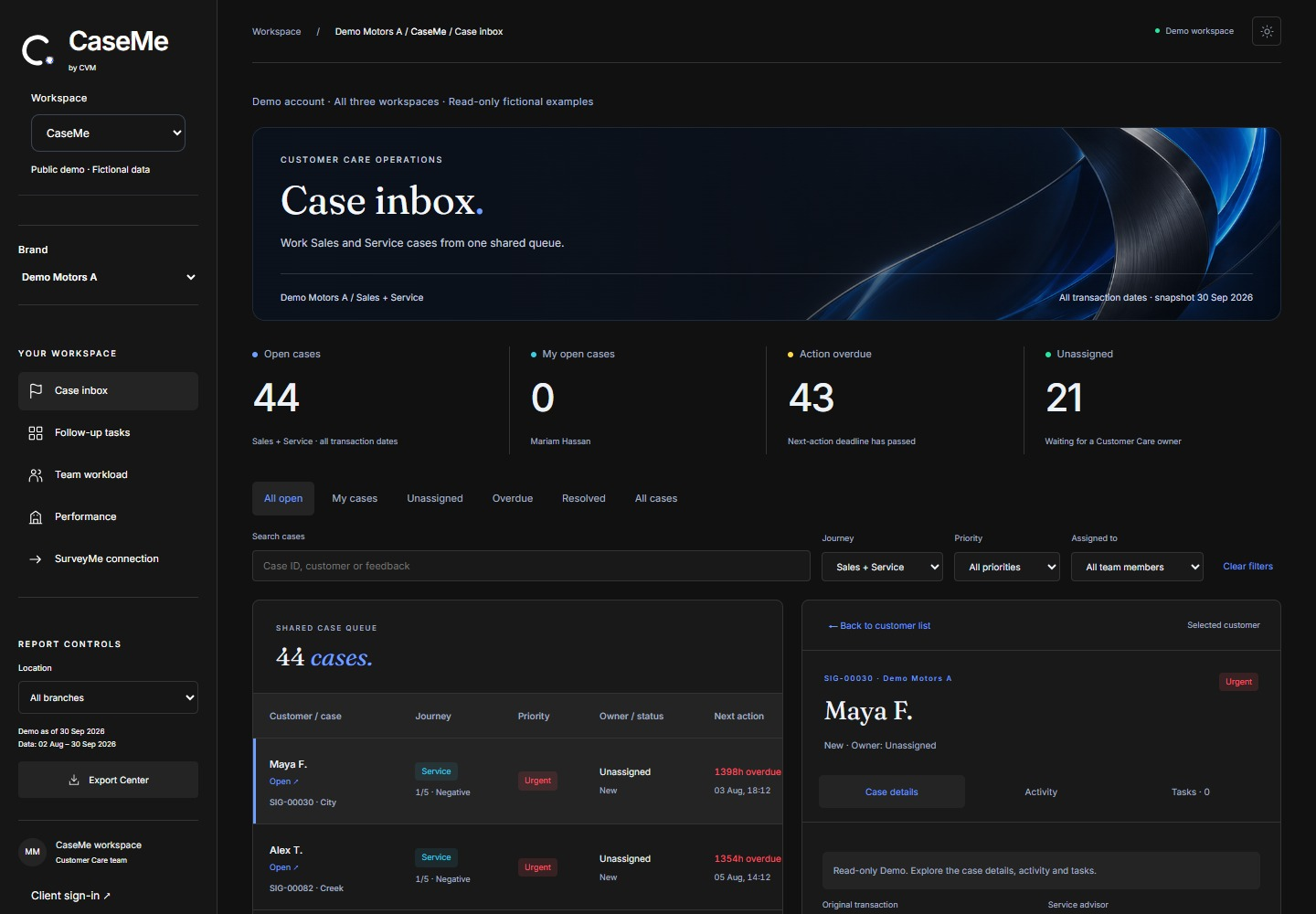 علامة التبويب الواردة لحالة CaseMe Case تعرض بيانات توضيحية توضيحية