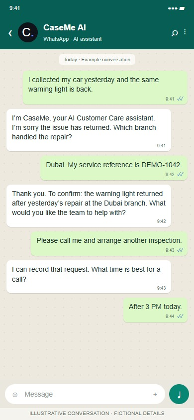 CaseMe AI on WhatsApp: Collect the details without making the customer repeat them.
