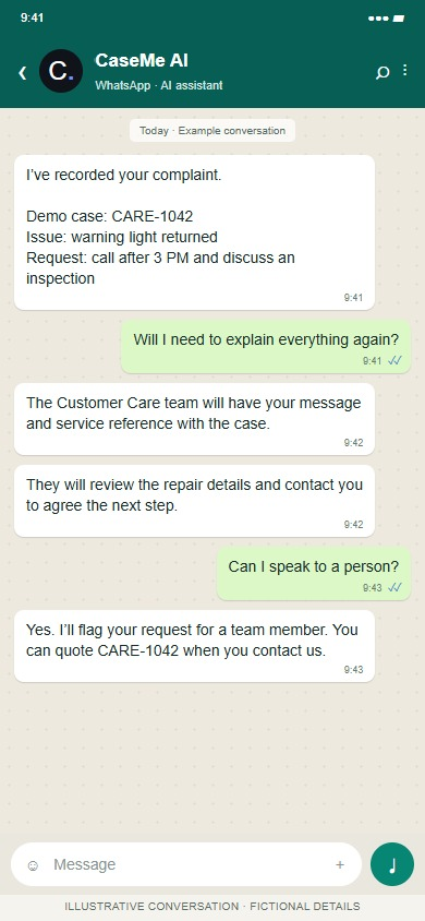 CaseMe AI on WhatsApp: Confirm the case and support a human follow-up.