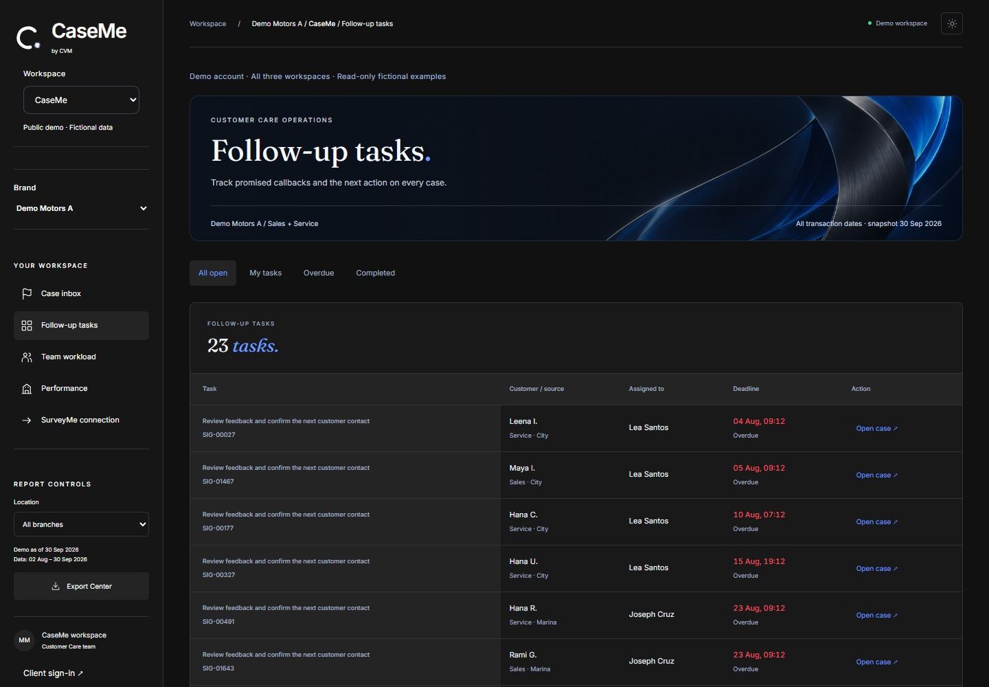 CaseMe Follow-up tasks tab showing illustrative Demo data