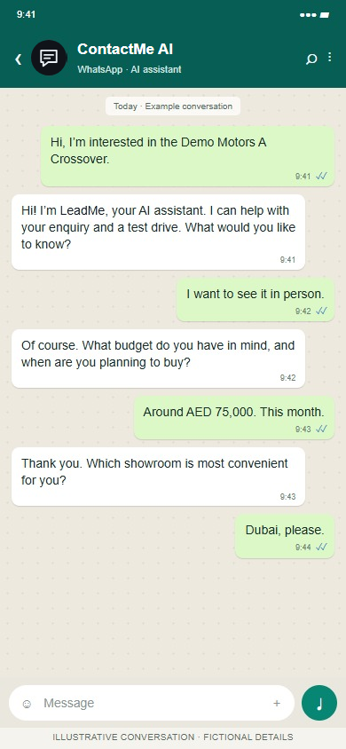 ContactMe AI on WhatsApp: Capture interest, budget and purchase timing.