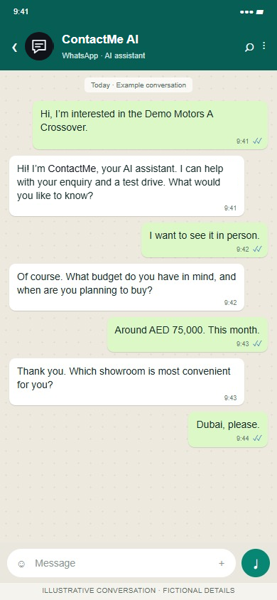 iPhone WhatsApp conversation: ContactMe AI qualifies a buyer interested in a Demo Motors A Crossover and books a Saturday test drive.