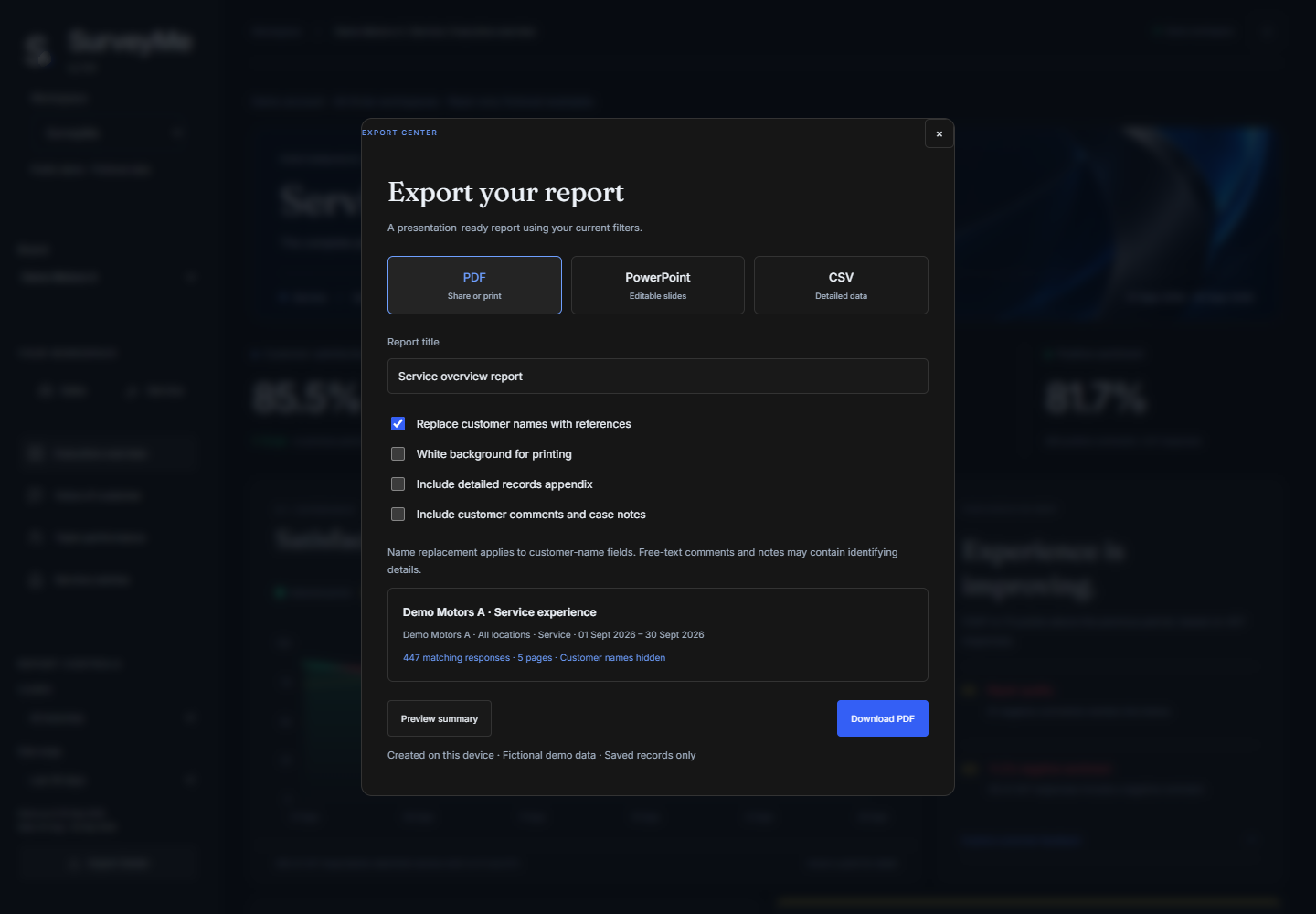 علامة التبويب "نظرة عامة" على SurveyMe CX تعرض بيانات توضيحية توضيحية