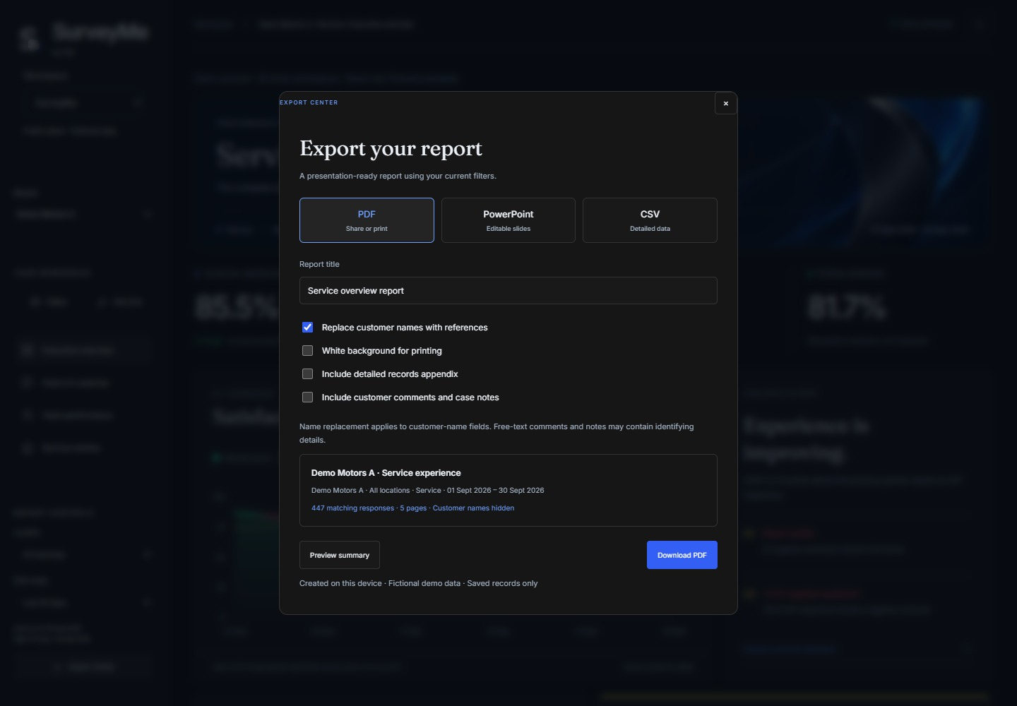 SurveyMe Reports tab showing illustrative Demo data