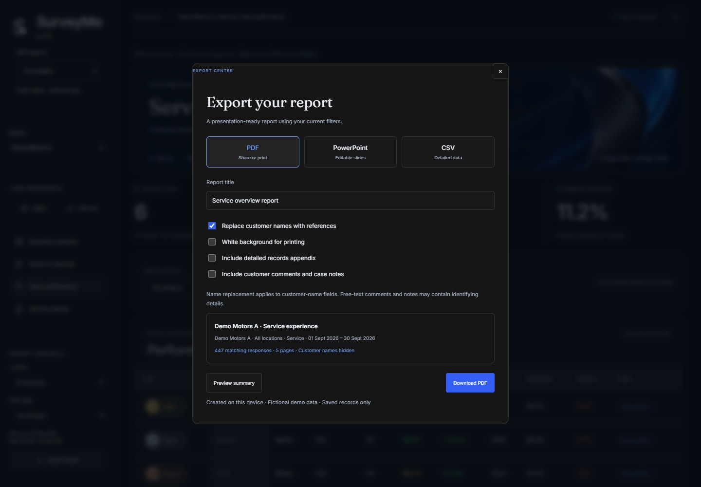 علامة التبويب SurveyMe Team Performance تعرض بيانات توضيحية توضيحية