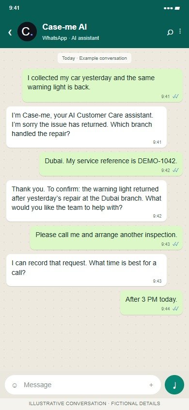 Case-me AI on WhatsApp: Collect the details without making the customer repeat them.