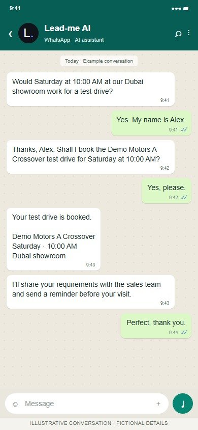 Lead-me AI on WhatsApp: Confirm a visit and give the sales team context.