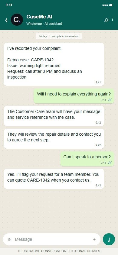 Case-me AI on WhatsApp: Confirm the case and support a human follow-up.