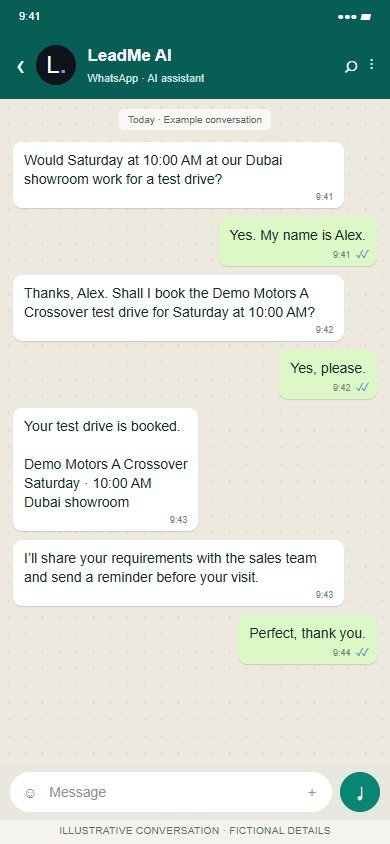 Lead-me AI on WhatsApp: Confirm a visit and give the sales team context.