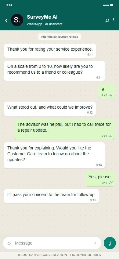Survey-me AI on WhatsApp: After all six ratings: recommendation and feedback.