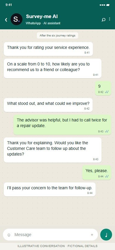 Survey-me AI on WhatsApp: After all six ratings: recommendation and feedback.