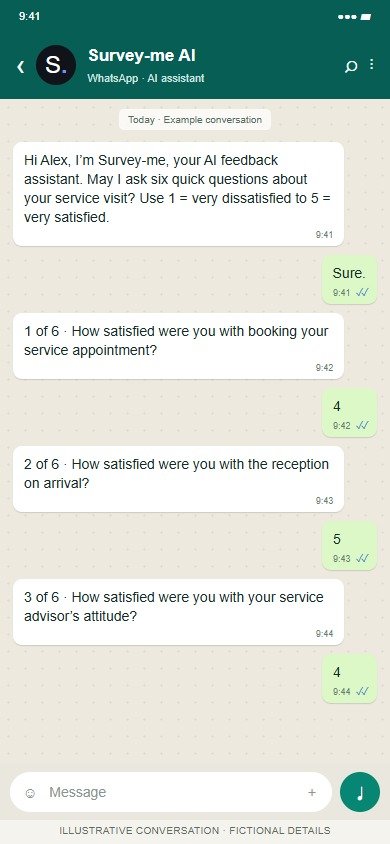 Survey-me AI on WhatsApp: Service survey excerpt: questions 1–3 of six.