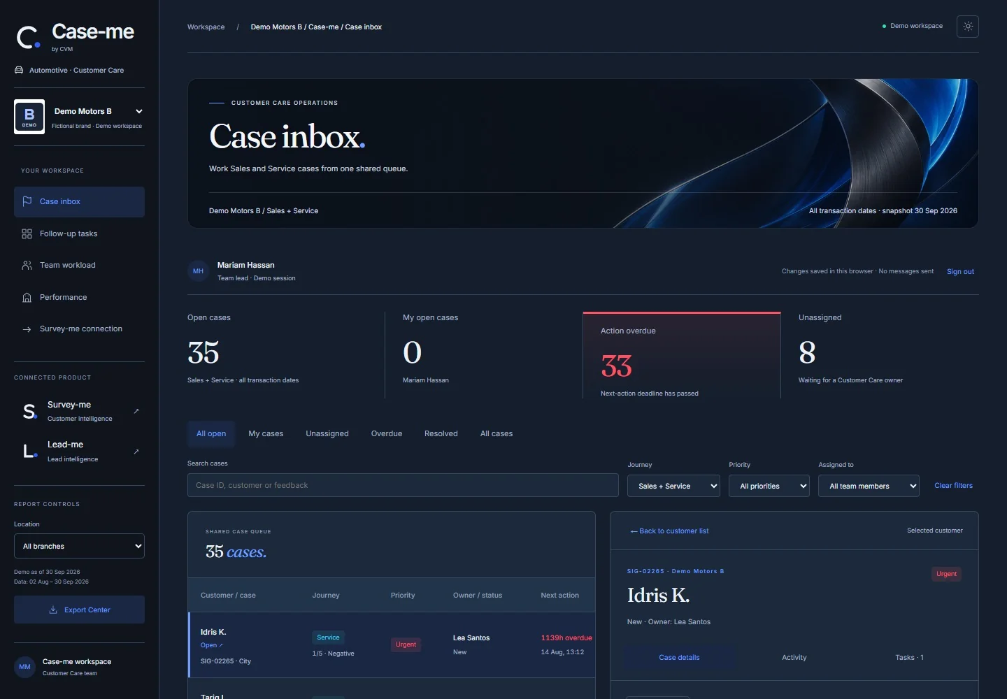 قائمة انتظار حالة Case-me ومساحة عمل متابعة العملاء المحددة مع بيانات توضيحية توضيحية