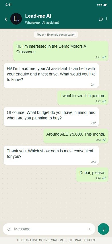 iPhone WhatsApp conversation: Lead-me AI qualifies a buyer interested in a Demo Motors A Crossover and books a Saturday test drive.